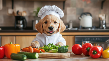 A cute puppy dressed as a chef, cooking a healthy vegetable dish in the kitchen, showing that even pets can enjoy cookingの素材