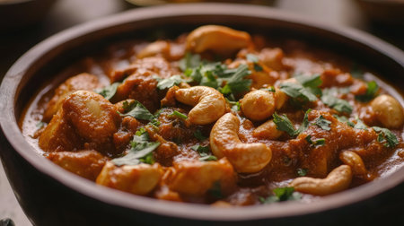 A close-up of Indian kaju masala, or cashew curry, served in a traditional bowl, garnished with fresh herbs, perfect for an authentic taste experience.の素材