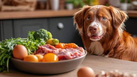 A cut dog beside a bowl of nutritious raw food, including meat, vegetables, and an egg yolk, highlighting a balanced raw diet.の素材