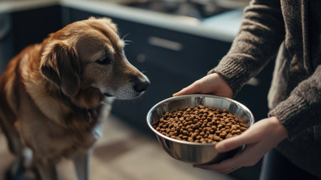 A pet owner providing their dog with a bowl of nutritious pellets, emphasizing the loving care in a domestic kitchenの素材