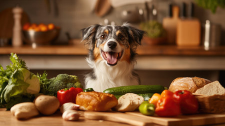 A dog sitting at a kitchen table surrounded by various foods including vegetables and bread, capturing a fun and curious moment.の素材