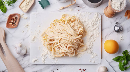 A top view of freshly made noodles resting on a floured white marble board, ready to be cooked, with kitchen utensils and ingredients subtly in the background. -の素材