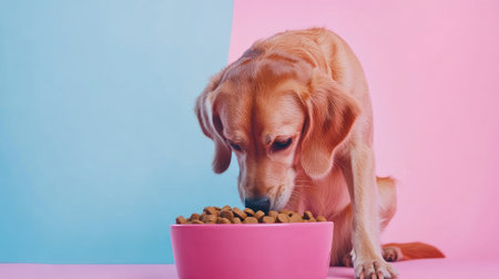 A dog eating from its bowl of dog food, set against a pastel background, capturing the enjoyment of mealtime.の素材