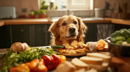 A dog at a kitchen table with a spread of foods including vegetables and bread, highlighting its anticipation for a tasty meal.の素材