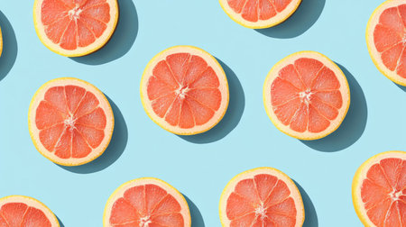 A fresh pattern of grapefruit slices on a pastel blue background, perfect for summer themes.の素材