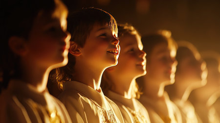 A group of children dressed in white robes, participating in a church choir performance, with their faces illuminated by soft light.の素材