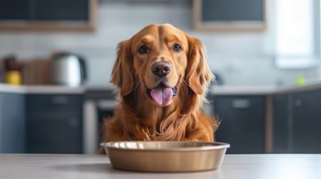 A dog with its tongue out, sitting behind an empty bowl, looking expectantly with a soft focus on the kitchen backgroundの素材