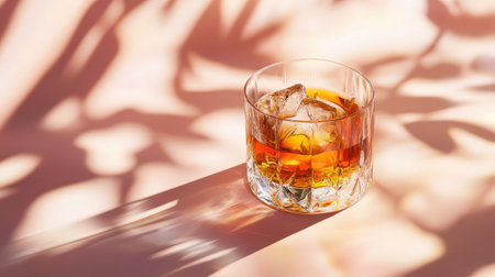 A Sazerac cocktail featuring cognac, bourbon, and absinthe, highlighted by hard light and shadows on a pastel background, perfect for a sophisticated drink.の素材