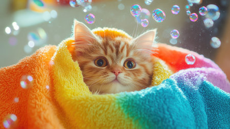 Adorable cat in a bathtub, cozy in a vibrant towel, with rainbow bubbles adding a playful touch to the scene.の素材