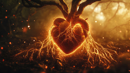Abstract depiction of a human heart with glowing roots spreading out, symbolizing growth, connection, and vitalityの素材