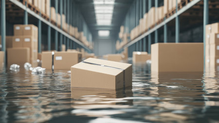 Cardboard boxes floating in a flooded warehouse, illustrating the impact of water damage on storage facilities.の素材
