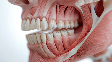 Human lower face close-up, emphasizing the teeth and cheek muscles in a detailed and educational anatomical image.の素材