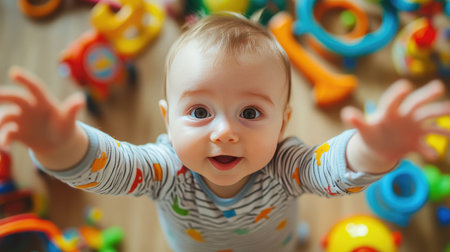 Adorable infant in a onesie reaching out, surrounded by colorful toys, depicting the wonder and exploration of early life.の素材