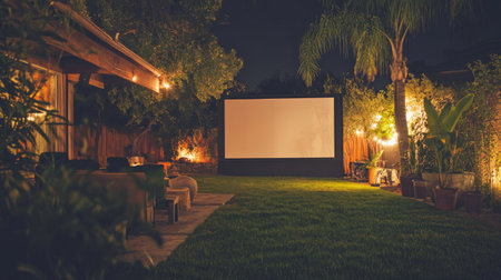 Backyard transformed into an outdoor cinema, with a classic movie screen set up for a nighttime film screening.の素材