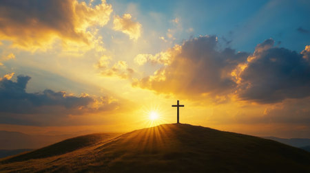 A lone cross on a hill at sunrise, golden rays streaming through the sky, symbolizing hope and resurrectionの素材