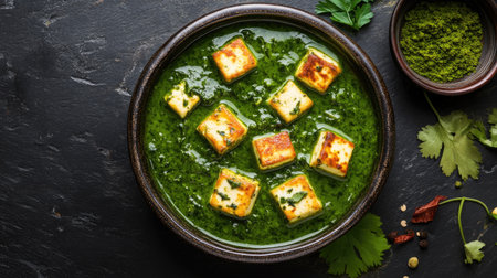 Palak Paneer with chunks of soft paneer cheese in a vibrant green spinach sauce, beautifully presented on a dark slate background.の素材