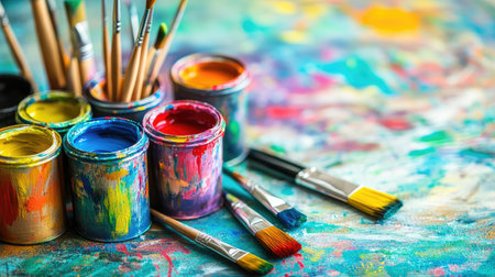 Open paint cans filled with vibrant colors, accompanied by brushes, ready for creative projects, against a neutral background.の素材