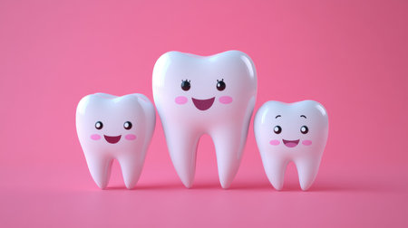 A cheerful tooth family with smiling faces on a vibrant, single-color background, symbolizing dental health and care.の素材