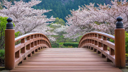 A peaceful wooden bridge under cherry blossoms in spring, capturing the beauty of nature in full bloomの素材