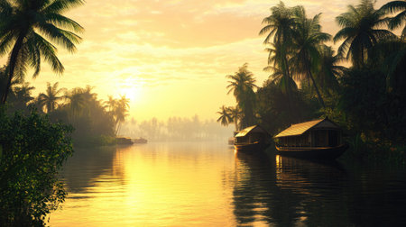Backwaters of Kerala with Houseboats: The tranquil backwaters of Kerala with houseboats cruising through, capturing the scenic beauty and peaceful lifestyle of the region.の素材