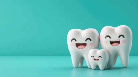 A group of smiling tooth characters on a solid color background, emphasizing family-friendly dental care.の素材