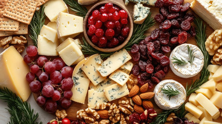 A festive cheese board with an assortment of cheeses, nuts, and dried fruits, beautifully presented for a holiday gathering.の素材