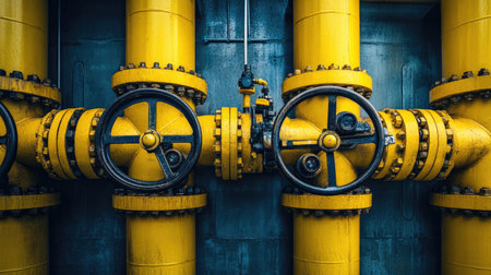 A network of yellow pipes and control valves in a gas plant, illustrating the critical infrastructure of the energy sector.の素材