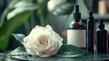 White rose next to a set of hair care products, reflecting the essence of natural beauty and elegance, ideal for a beauty salonの素材