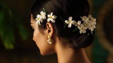 Jasmine Flowers in a Woman's Hair: A woman wearing jasmine flowers in her hair, showcasing the traditional use of these fragrant blooms in Indian adornment.の素材