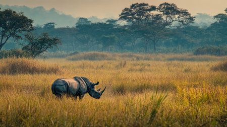 Wildlife at Kaziranga National Park: A rhinoceros grazing in the grasslands of Kaziranga National Park, emphasizing the conservation efforts for endangered species.の素材
