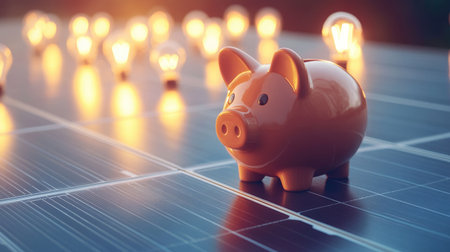 Illustration of a piggy bank on a solar energy panel, with light bulbs and energy icons in the background, highlighting the theme of saving through solar powerの素材