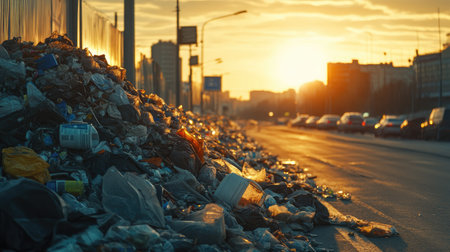Piles of garbage on a city road during sunset, emphasizing the environmental challenges faced by modern urban areaの素材