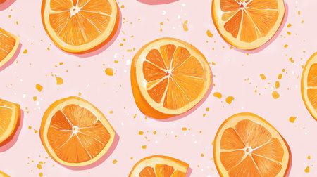 A lively pattern of orange slices on a pastel pink background, bursting with citrus freshness.の素材