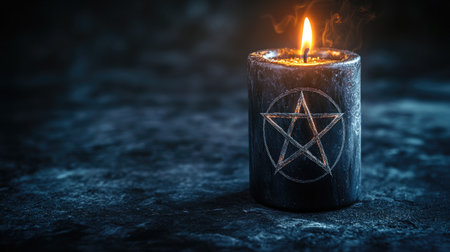A glowing black candle with a pentagram symbol, radiating an eerie light, set against a dark and mystical backdropの素材