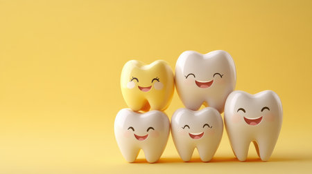 A group of smiling tooth characters on a solid color background, emphasizing family-friendly dental care.の素材