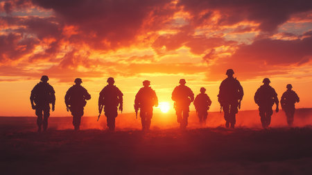 A group of soldier silhouettes walking at dusk, framed by the rich colors of the setting sun, conveying a sense of duty and honorの素材
