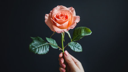 A delicate female hand holding a single rose stem, showcasing the flower vibrant petals and green leaves in a close-up shot, symbolizing beauty and eleganceの素材
