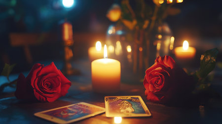 Candlelit tarot reading with roses, set in a dimly lit room, perfect for creating a mysterious and mystical vibe.の素材