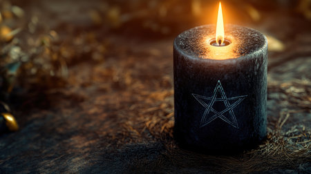 Glowing black candle with a pentagram symbol, its light cutting through the shadows, creating a powerful mystical ambiance.の素材
