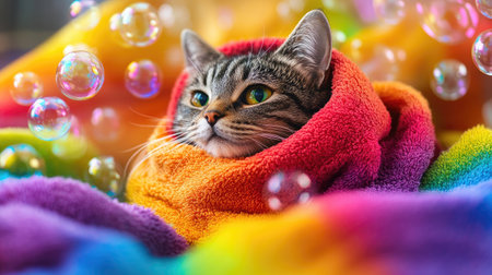 Cat snugly wrapped in a bright towel, enjoying a bath surrounded by floating bubbles in rainbow hues.の素材