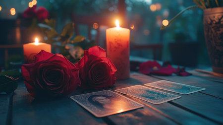 Candlelit tarot reading with roses, set in a dimly lit room, perfect for creating a mysterious and mystical vibe.の素材