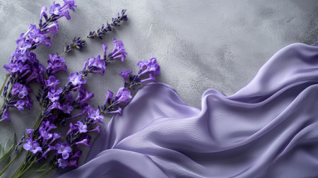 Elegant lavender flowers artfully arranged with flowing silk fabric on a textured gray surface, creating a serene and sophisticated composition.の素材