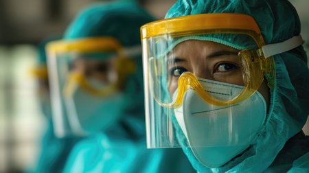 Frontline healthcare workers in personal protective equipment, committed to caring for patients during a pandemic.の素材