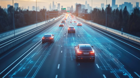 Autonomous vehicles on a highway, using cutting-edge traffic information systems to ensure smooth and safe travel.の素材