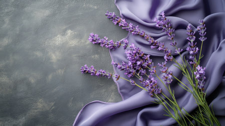 Delicate lavender flowers paired with luxurious silk fabric on a textured gray surface, capturing a sense of refined beauty.の素材