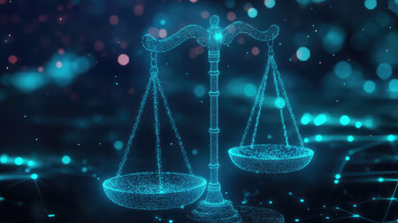 Digital justice network with glowing scales, illustrating the concept of fairness and equity in a technologically advanced world.の素材