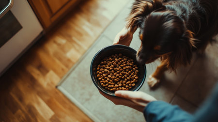 A pet owner providing their dog with a bowl of nutritious pellets, emphasizing the loving care in a domestic kitchenの素材