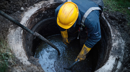 Professional septic tank cleaning by a worker in uniform, ensuring efficient waste management and disposal.の素材