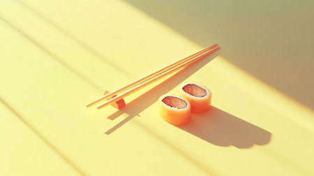 A minimalist sushi setup with chopsticks on a pastel yellow background, featuring hard shadows.の素材