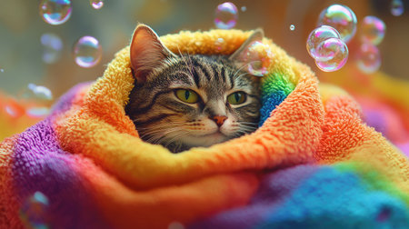 Cat snugly wrapped in a bright towel, enjoying a bath surrounded by floating bubbles in rainbow hues.の素材
